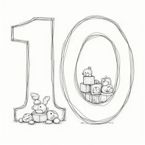 Create the number ten ('10') using a bold outline. The design includes the '1' and '0'. Inside the '0', which is a circular shape, place up to 5 small, proportional toy images such as blocks, balls, o