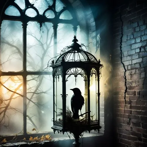 dark faded picture of Poe against the wall, dark lightning, gothic, macabre,a bird inside of a cage on a window,bird cage,nocturnal bird,gothic style,gothic woman,halloween background,nevermore