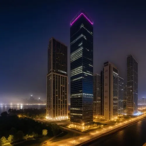 Luxury Towers at night in Chicago along Lake Michigan. Dark, foggy night.,songdo,tianjin,chongqing,guangzhou,zhangzhou,qingdao,zhengzhou,changzhou,shenzen,guiyang,xujiahui,hengqin,nanjing,changsha,che