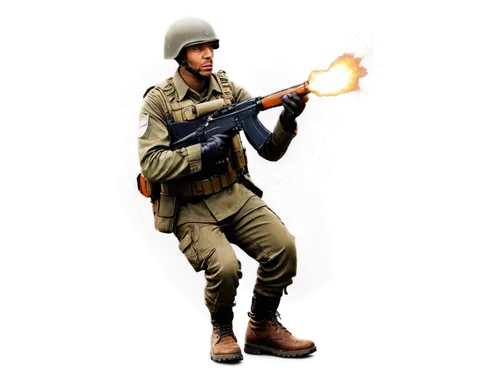 Muzzle flash, smoke effect, bullet shell ejection, rifle recoil, dynamic pose, intense facial expression, sweat droplets, torn military uniform, combat boots, gritty texture, warm color tone, high con