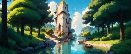 рисунок пейзажа,a painting of a small river flowing under a big tree,ghibli,studio ghibli,fairy chimney,rivendell,alfheim,citadels