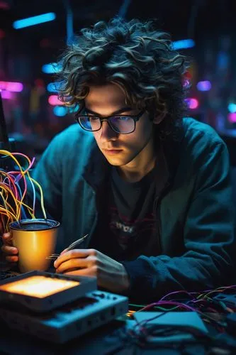 Text-to-image AI, futuristic laboratory, high-tech computer screens, coding interface, programmer, young adult, casual clothing, messy hair, glasses, intense focus, coffee cup, empty pizza boxes, wire