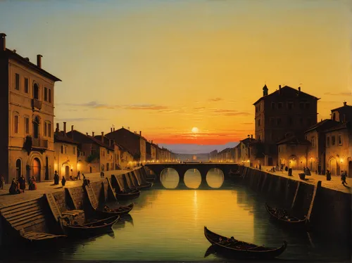 Describe the charming ambiance of North Italia Irvine at dusk.,grand canal,arno river,ponte vecchio,venetian,the carnival of venice,sant'angelo bridge,venezia,bellini,tiber bridge,italian painter,gond