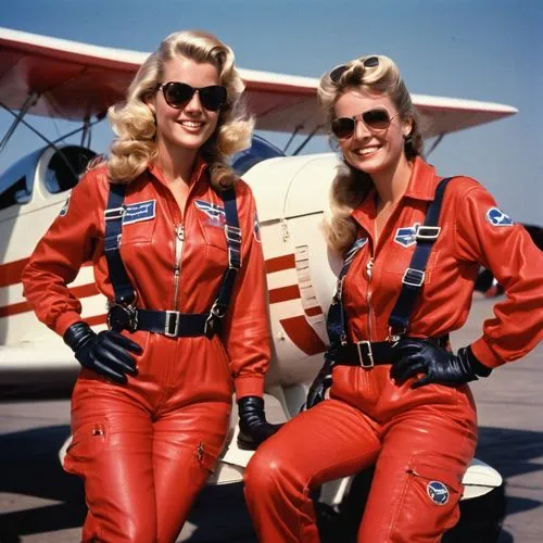 Two gorgeous female airshow pilots in elaborate mid-red jet fighter overalls with black decorations and Shell advertisment, with eloborate flight gear, blonde and dark-brown 1980s hairdo each, sitting