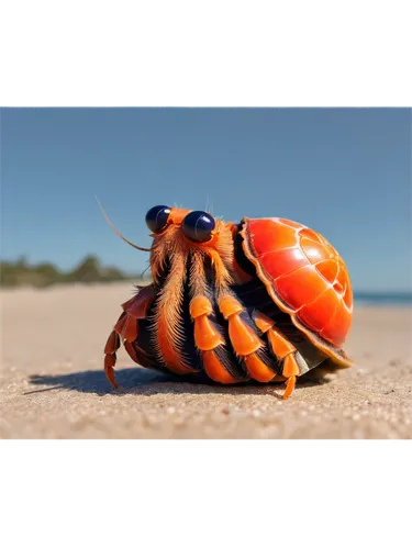 Cartoon hermit crab, bright orange shell, big expressive eyes, tiny claws, soft sand texture, beach setting, sunny day, warm lighting, low angle shot, shallow depth of field, colorful seaweed backgrou