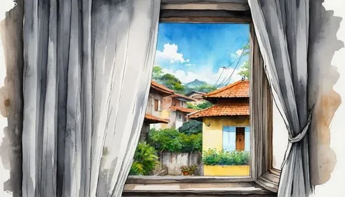 watercolor frame,onodera,watercolour frame,window,tamako,open door