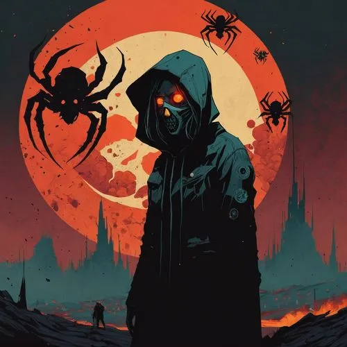 halloween poster,grimm reaper,scythe,widow spider,spawn,halloween illustration,black beetle,reaper,hooded man,grim reaper,arachnid,sci fiction illustration,scorpion,arachnophobia,mystery book cover,spider,halloween background,halloween and horror,scarab,earwigs,Illustration,Paper based,Paper Based 19