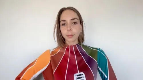 respect the pantone colors and suit the body flat white background,a woman with a body suit is holding a device,color fan,solexa,jogbra,tuba,estripeau,transparent image