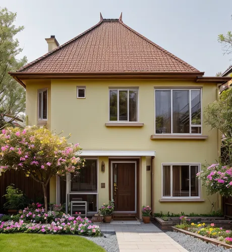 Colcolate colour roof, light  yellow colour wall and house body,  flowers are blooming in garden,danish house,garden elevation,house insurance,exterior decoration,ludwig erhard haus,two story house,be