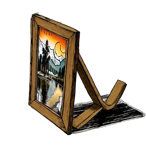 Marco de fotografía con la foto de un atardecer, un rio y unas montañas,guillotine,mobile sundial,wooden frame,wood frame,easel,frame illustration,dog house frame,mirror frame,copper frame,wood mirror