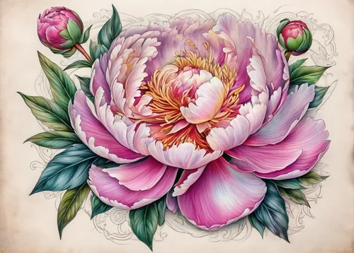 Picture a mystical peony tattoo surrounded by enchanting elements.,rose flower illustration,pink peony,peony pink,peony frame,peony,peony bouquet,watercolor roses,flower painting,chinese peony,mandala