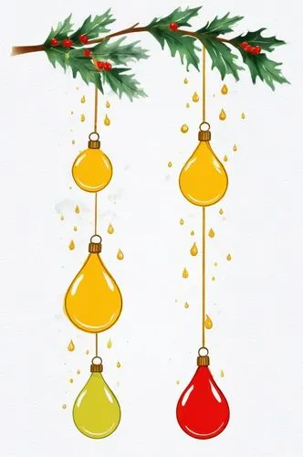 two christmas ornaments hanging from a nch with drops of water,fir tree decorations,christmas tree decorations,ornaments,christmas bells,tree decorations,christmas ornaments