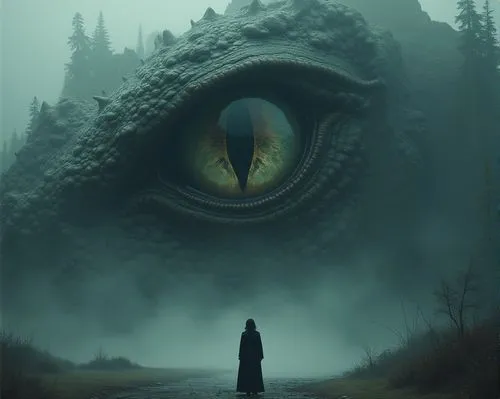 a striking and surreal scene that combines elements of both the natural world and fantasy. Dominating the composition is a massive, reptilian eye, filling almost the entire frame. The eye is highly de