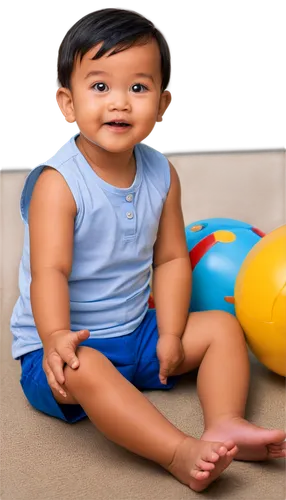 Malay baby boy, Southeast Asian ethnicity, 2-3 years old, chubby cheeks, big round eyes, innocent smile, short black hair, light brown skin, white sleeveless shirt, blue shorts, bare feet, sitting on 