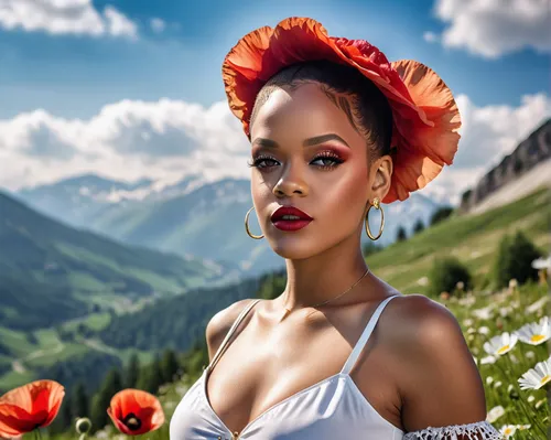 austria,flower background,bavarian swabia,photoshop manipulation,dolomiti,alpine flower,beautiful girl with flowers,beauty in nature,alpine flowers,portrait background,beautiful woman,exotic flower,image manipulation,schynige platte railway,artificial hair integrations,retouching,photo manipulation,african american woman,tyrol,styria,Photography,General,Realistic