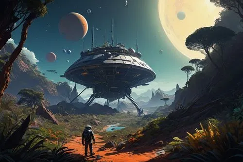  Game Scene, Wild angle view,alien world,alien planet,futuristic landscape,sci fiction illustration,explorers,scifi,homeworlds,sci fi,colony,homeworld,gas planet,sci - fi,farpoint,habitats,exploration