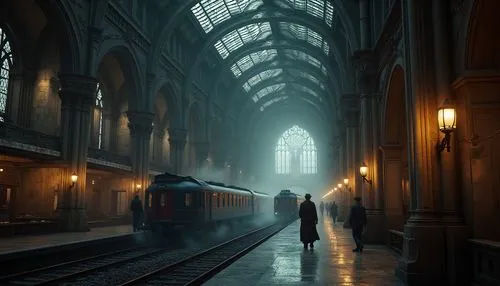 Grand, Gothic-style train station, intricate stone carvings, pointed arches, ribbed vaults, stained glass windows, ornate chandeliers, dimly lit atmosphere, mysterious shadows, old-fashioned luggage c