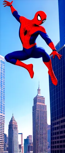 Spider-Man, teenage boy, red and blue full-body spandex suit, web shooters on wrists, mask covering face, athletic physique, dynamic pose, jumping in mid-air, city skyscraper background, sunny day, so