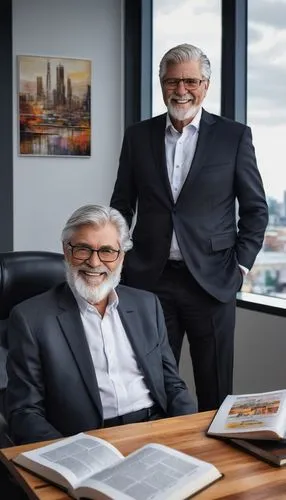 Uncle Bob Martin, standing, posing, (60yo), glasses, grey hair, beard, white shirt, black blazer, formal trousers, dress shoes, holding a book, smiling, background of a modern minimalist office, woode