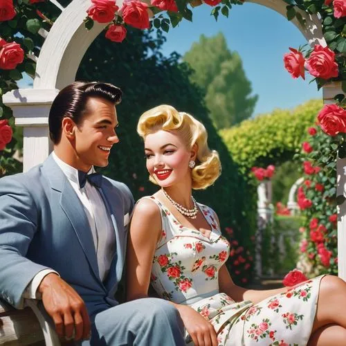 vintage man and woman,50's style,vintage boy and girl,vintage 1950s,pleasantville,valentine day's pin up,honeymooners,disney rose,honeymoon,rosebushes,with roses,kodachrome,fifties,pompadour,pompadours,romanticization,romancing,rosses,old country roses,romantic scene,Conceptual Art,Fantasy,Fantasy 04