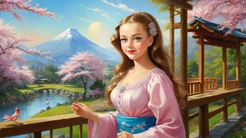 Romantic masterpiece oil painting, cute girl portrait, nostalgic 1950's style kitsch, beautiful exotic rural vast Japanese landscape, cherry blossom scenery, Shinto Japanese sakura, flower petals, by 