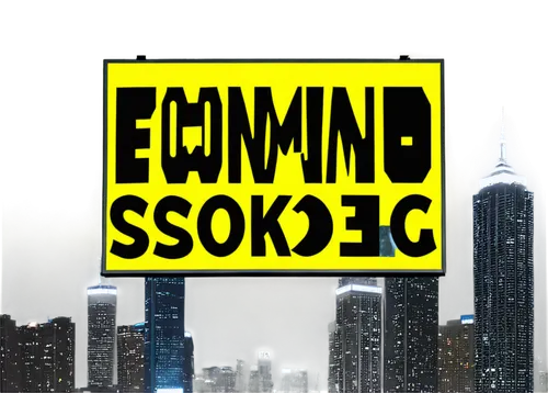 Coming soon sign, bold font, yellow background, black text, futuristic design, metallic frame, neon lights, cityscape at night, skyscraper, foggy atmosphere, low-angle shot, cinematic lighting, 3/4 co