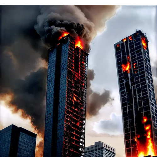 Apocalyptic scene, destroyed cityscape, ruins of skyscrapers, broken concrete, steel beams twisted, smoke and fire everywhere, dark cloudy sky, ominous red lighting, 3/4 composition, low-angle shot, d