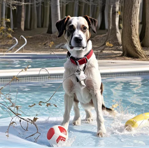 el perro esta dentro de una piscina nadando, estilo dibujos animados, en la piscina hay una pelota de color roja
,treeing walker coonhound,dug-out pool,anatolian shepherd dog,dog photography,english s