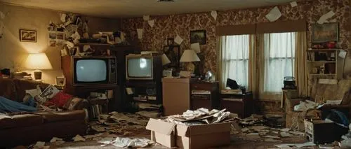 Cluttered living room, messy apartment, worn-out couch, stained carpet, dimly lit, single ceiling lamp, old TV, broken coffee table, scattered dirty laundry, empty pizza boxes, crumpled up papers, dus