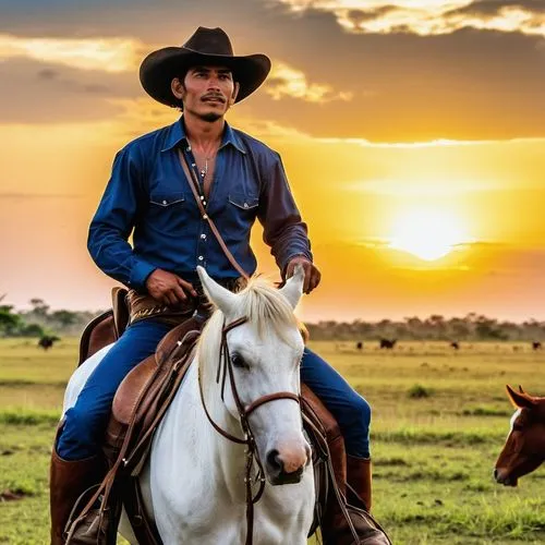 generate a Colombian cowboy in the llanos orientales colombianos on a horse and at the sunset, place a estero in the image and some cows, put the cowboy in the back and not looking directly at the cam