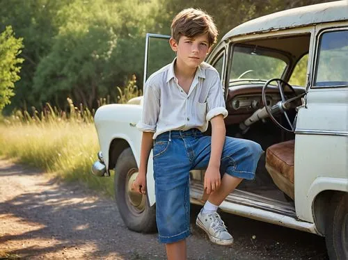 Vintage car, masculine boy, 10yo, short messy brown hair, bright blue eyes, freckles on nose, casual white shirt, worn denim shorts, sneakers, leaning against car door, hand in pocket, relaxed posture