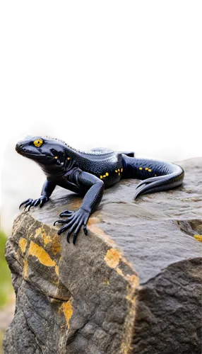 Dark salamander, black skin, yellow eyes, slim body, long tail, wet texture, shiny surface, sitting on rock, close-up shot, soft focus, natural light, 3/4 composition, cinematic mood.,a small gecko is