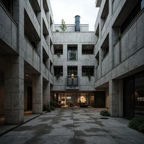 Rough-hewn concrete walls, brutalist architecture, fortress-like buildings, rugged stone textures, raw exposed ductwork, industrial metal beams, functional urban landscape, overcast skies, dramatic sh