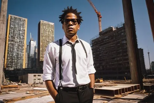 Male, architectural engineer, 30s, mature, serious expression, black framed glasses, short hair, stubble, white shirt, black tie, formal pants, leather shoes, holding blueprints, standing, constructio