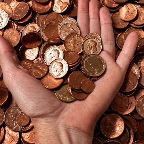 Image: A hand holding a few coins (mostly pennies).
Text: "Pennies Saved for Love",halfpennies,pennies,cents are,coins stacks,coins,coinage,cents,krugerrand,monedas,loose change,doubloons,numismatists