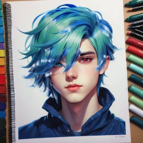 copic,watercolor blue,blue painting,blue hair,acrylic,colored pencil,color pencils,colored pencils,anime boy,coloured pencils,blue green,color pencil,artist color,colour pencils,bluejay,crayon colored