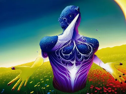 a painting of a person sitting in a field with two hands and a knife,bodypainting,ishvara,neon body painting,heart chakra,pinstriping,earth chakra,Illustration,Realistic Fantasy,Realistic Fantasy 25