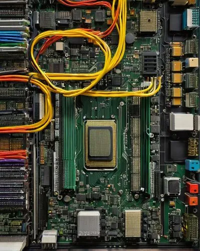 Registers, computer architecture, motherboard, CPU, microprocessor, electronic components, wires, circuits, metallic texture, sleek design, LED lights, cooling system, fan, ventilation, digital displa