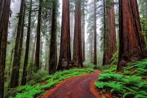 redwoods,redwood,redwood tree,united states national park,northern california,foggy forest,big trees,forest road,oregon,northwest forest,old-growth forest,row of trees,mendocino,tree lined path,forest of dreams,grove of trees,tree lined,vancouver island,end of the trail,forest path,Illustration,Vector,Vector 04