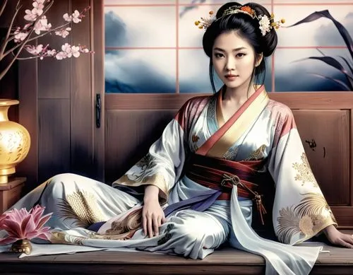 woman wearing traditional japanese clothing posing on the bench,geisha girl,hanfu,geisha,oriental princess,japanese woman,daiyu,Illustration,Realistic Fantasy,Realistic Fantasy 01