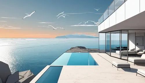 infinity swimming pool,sky space concept,sky apartment,penthouses,arcona,oceanview,oceanfront,roof top pool,renderings,luxury property,ocean view,seasteading,futuristic landscape,beachhouse,dreamhouse,paradisus,beach house,3d rendering,holiday villa,airspaces,Illustration,Black and White,Black and White 04