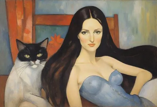 Expressionism, Fauvism, Modernism ,  Painting style <class> Amedeo Modigliani , half-figure of a beautiful woman with long hair, elegant relaxed resting pose, very feminine, soft and plastic, simplifi