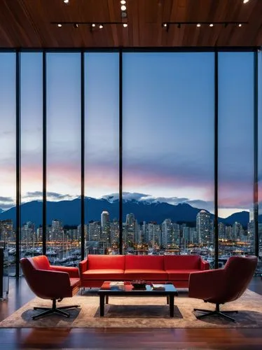 Modern architectural building, Vancouver cityscape, evening time, cinematic lighting, film festival billboard, red carpet entrance, glass walls, steel beams, minimalist interior design, wooden floorin