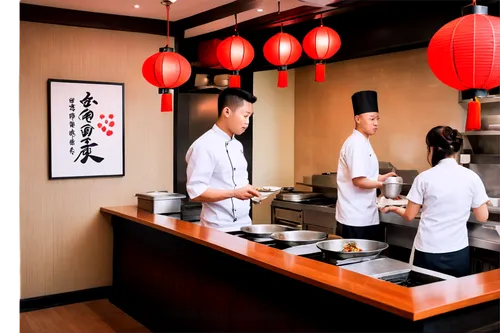 Asian-style restaurant, modern interior design, wooden tables, red lanterns, Chinese calligraphy on walls, steaming hot dishes, chef in white uniform, wok behind counter, soft warm lighting, 3/4 compo