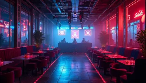 Vibrant nightlife scene, dimly lit atmosphere, strobe lights, DJ booth, dance floor, VIP lounge areas, plush velvet sofas, metallic accents, neon color schemes, futuristic LED installations, dynamic l