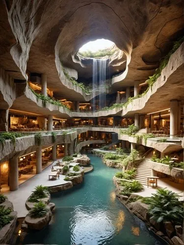 A commercial mall built underground within a rocky plateau, with vast skylights carved into the stone allowing sunlight to illuminate the space. The interior is an open-plan design, with shops and caf