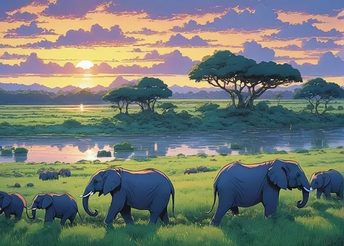 Imagine a peaceful elephant herd enjoying a serene sunset by the river.,african elephants,elephant herd,cartoon elephants,african elephant,elephants,serengeti,africa,blue elephant,east africa,african 