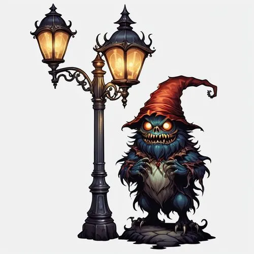 lechuck,gas lamp,scandia gnomes,christmas imp,witch's hat icon,lamplighter,Illustration,Abstract Fantasy,Abstract Fantasy 11