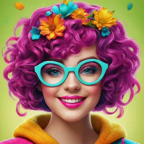 Create a cheerful character with vibrant colors.,pixie-bob,portrait background,cheery-blossom,colorful daisy,girl in flowers,retro girl,pink glasses,fantasy portrait,illustrator,color glasses,girl por