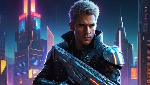 Fantasy sci-fi game cover, futuristic cityscape, neon lights, towering skyscrapers, holographic advertisements, distant spaceship battles, male protagonist, athletic build, short spiky hair, cyberneti